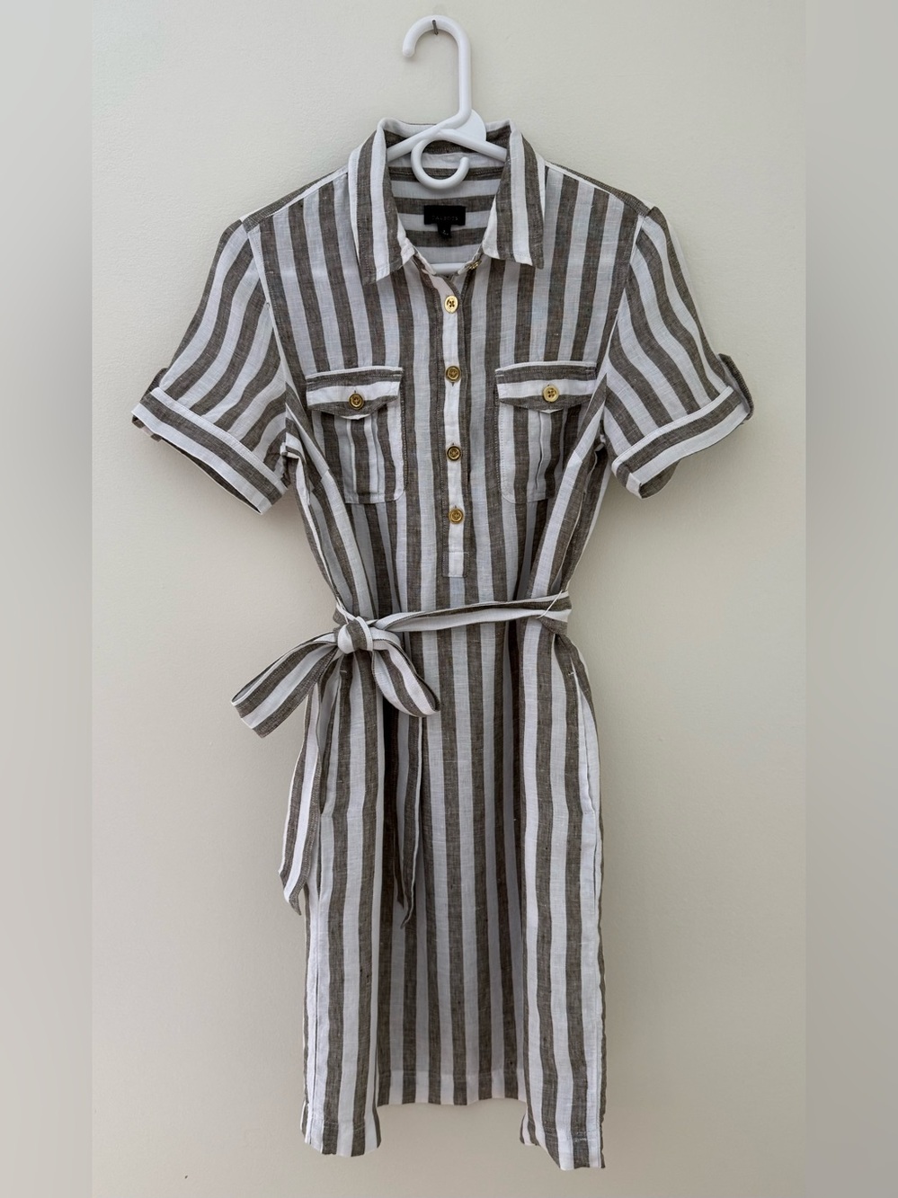 Talbots 100% Linen Striped Shirt Dress Olive/White Sz 2